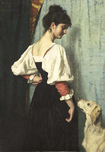 Therese Schwartze Young Italian woman with a dog called Puck.